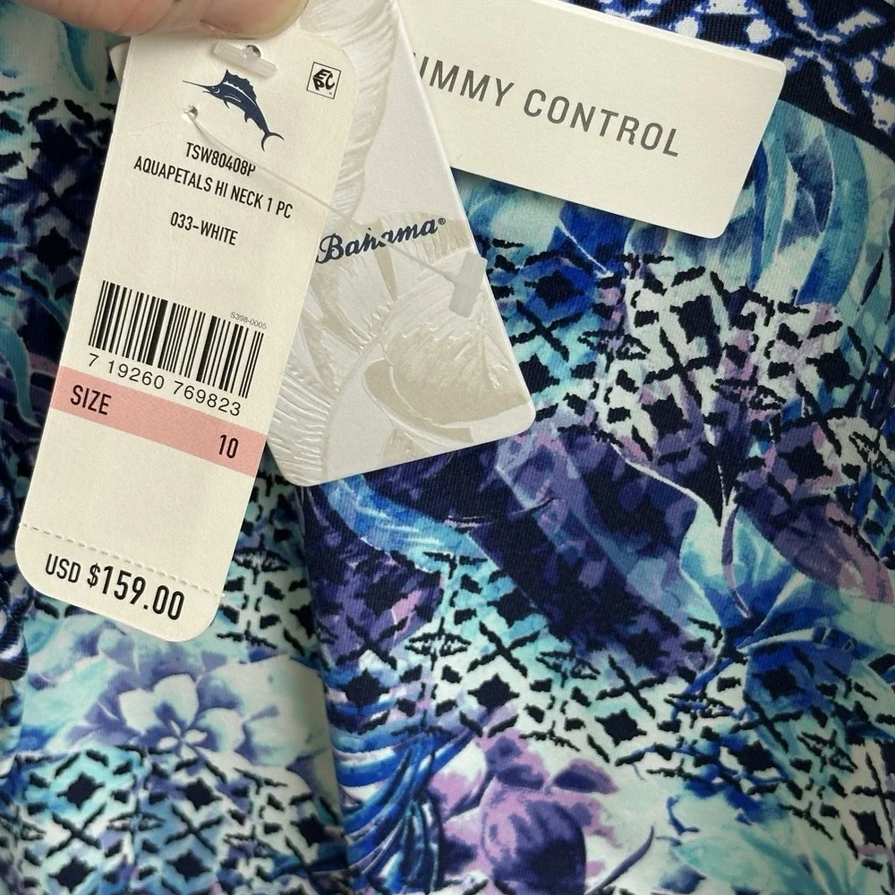 NWT MRSP $159 TOMMY BAHAMA One Piece Blue Floral Swimsuit Tummy Control Size 10